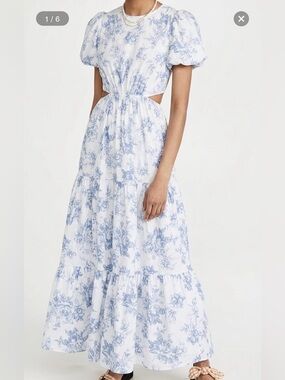 Wayf Plaza Cutout Maxi Dress in Blue Floral Puff-Sleeve